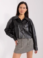 Black short jacket made of eco-leather with a collar