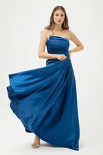 Lafaba Women's Indigo Stone Strap Flared Cut Long Satin Evening Dress