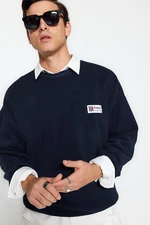 Trendyol Navy Blue Men's Oversized Soft Textured College Themed Thick Sweatshirt.