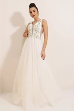 By Saygı Embroidered Stones And Beads Lined Long Tulle Dress Cream