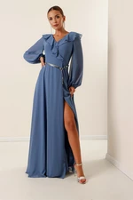 By Saygı Belted Chiffon Long Dress Indigo