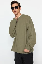 Trendyol Light Khaki Men's Oversized Label Detailed Long Sleeve Textured Cotton Sweatshirt.