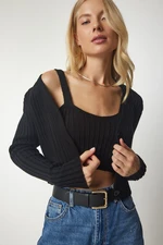 Happiness İstanbul Women's Black Knitted Sweater Bustier Cardigan Suit