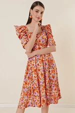 By Saygı Square Neck Floral Pleated Volleyball Sleeve Dress Orange