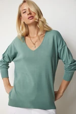 Happiness İstanbul Women's Turquoise V-Neck Slim Knitwear Sweater