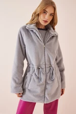 Happiness İstanbul Women's Stone Gray Turtleneck Faux Fur Coat