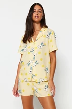 Trendyol Yellow Rabbit Printed Shirt-Shorts Woven Pajamas Set