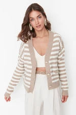 Trendyol Camel Soft Textured Striped Knitwear Cardigan