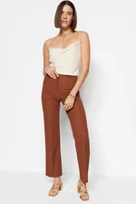 Trendyol Brown Straight/Straight Fit High Waist Ribbed Stitched Woven Trousers