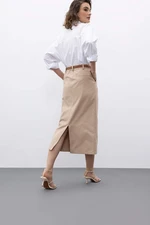 DEFACTO Regular Waist Belted Gabardine Slit Midi Skirt