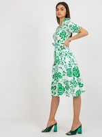 White and green patterned midi dress with belt