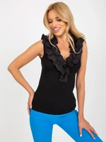 Black ribbed top with ruffles at neckline