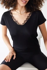 XHAN Women's Black Lace V-Neck Blouse