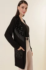 By Saygı Sequins And Chain Detail Lycra Cardigan With Pockets Black.