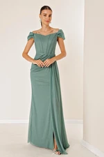 By Saygı Low Sleeve Front Draped Lined Underwire Long Silvery Dress