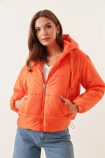 By Saygı Elastic Waist, Inflatable Coat Orange with a Hooded Pocket and Lined.