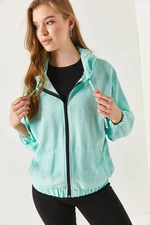 armonika Women's Light Green Hoodie with Zipper Oversized Sweatshirt