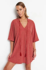 Trendyol Brown Striped Wide Fit Mini Knitted Tassel Beach Dress