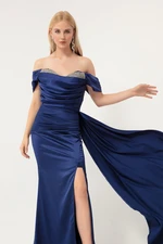 Lafaba Women's Navy Blue Boat Neck Slit Long Satin Evening Dress.