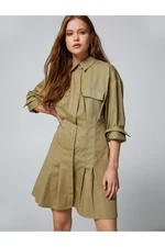 Koton Shirt Dress Gabardine Fabric Pleated Long Sleeve Pocket Cotton