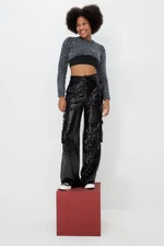 Trendyol Black Christmas Theme Super Crop Glittery Knitwear Sweater