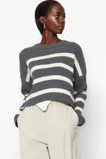 Trendyol Anthracite Crop Striped Knitwear Sweater