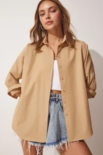 Happiness İstanbul Women's Biscuit Oversized Basic Poplin Shirt