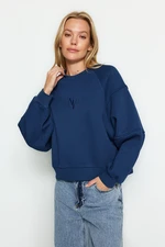 Trendyol Indigo Crew Neck Regular Fit Embroidered Fleece Inside Knitted Sweatshirt