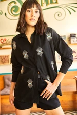 Olalook Women's Black Eye-Sequined Detailed Woven Boyfriend Shirt