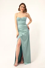 Lafaba Women's Mint Green Stone Strap Slit Long Satin Evening Dress