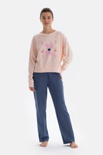 Dagi Animal Salmon Print Detailed Long Sleeve Pajamas Set