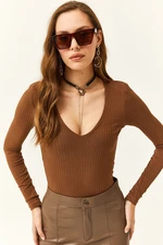 Olalook Women's Brown Deep V-Neck Waistband Six Studs Lycra Bodysuit