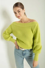 Lafaba Women's Oil Green Boat Neck Knitwear Sweater