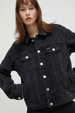 Rifľová bunda Tommy Jeans dámska, čierna farba, prechodná, oversize, DW0DW17210