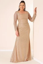 By Saygı Square Neck Lined Plus Size Long Dress with Cut Stones