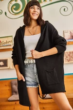 Olalook Women's Black Hoodie with Lace-Up Soft Textured Oversized Knitwear Cardigan