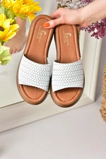 Fox Shoes White Genuine Leather Women's Thick Banded Knitted Model Daily Slippers