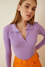 Happiness İstanbul Women's Lilac Polo Neck Corduroy Knitted Blouse