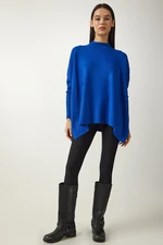 Happiness İstanbul Women's Blue High Neck Slit Knitwear Poncho Sweater