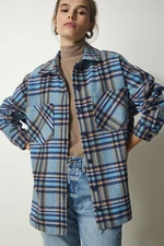 Happiness İstanbul Women's Light Blue Patterned Oversize Cachet Lumberjack Shirt