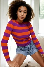 16420 Dewberry Womens Striped Crew Neck Knitwear Sweater-ORANGE