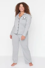 Trendyol Curve Gray Melange Shirt Collar Panda Printed Knitted Pajama Set