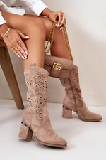 Cowboy women's boots openwork on the heel of the column eco suede beige S.Barski