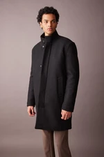 DEFACTO Men's Black Regular Fit Stand Collar Buttoned Pocket Cashmere Coat Parka