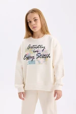 DEFACTO Girl Oversize Wide Pattern Crew Neck Printed Soft Furry Sweatshirt