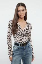 Trendyol Brown Leopard Patterned Double Breasted Closure Fitted Stretchy Knitted Bodysuit