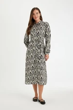 DEFACTO Shirt Collar Ethnic Patterned Buttoned Belted Long Sleeve Maxi Dress