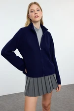 Trendyol Navy Blue Basic Zippered Stand Collar Knitwear Cardigan