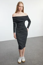 Trendyol Black*001 Striped Fitted Flexible Mini Knitted Dress