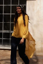 Trendyol X AI Mustard Floral Button Detailed Asymmetric Chiffon Tunic